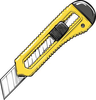 Illustration of a Yellow Utility Knife with Retractable Blade, Close-up of Box Cutter with Sharp Edge vector