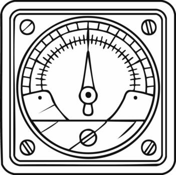 Black and white line art illustration of an analog measurement gauge meter with a dial and needle vector
