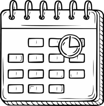 Black and white doodle drawing of a desk calendar with a clock icon marking a scheduled event or important date vector