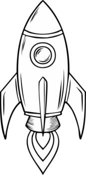 Retro Rocket Ship Illustration with Flames and Window in Outline Style vector