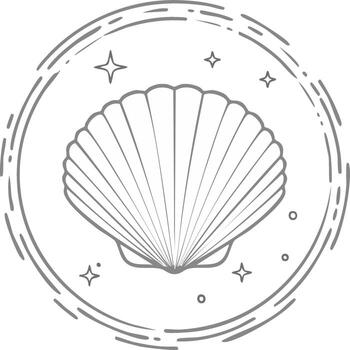 Decorative scallop shell line art with sparkling accents inside a stylized circular frame vector