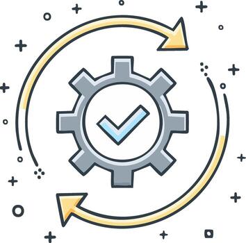 Gear with checkmark and circular arrows symbolizing process and completion vector