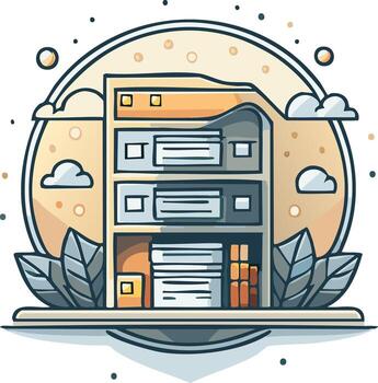 Modern computing infrastructure server rack with stylized clouds leaves and digital connection dots vector