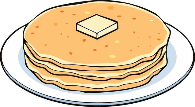 apilar de panqueques con un cuadrado de mantequilla en un blanco plato vector