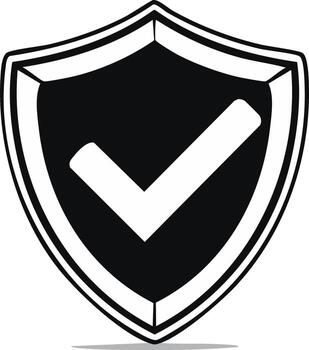 Black shield with white checkmark symbol representing security and approval vector