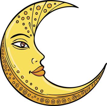Illustration of a smiling moon with a face, adorned with decorative swirls and dots vector