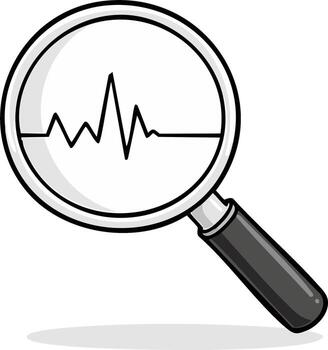 Magnifying glass analyzing a fluctuating graph, line graph scrutiny with magnifying vector