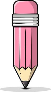 Pink pencil with attached eraser standing upright on a white background with a shadow vector