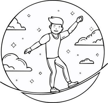 ilustración de un hombre equilibrio en un línea, rodeado por nubes y estrellas en un circulo vector