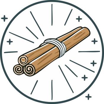 dibujos animados ilustración de un haz de canela palos atado con cuerda en un circular marco vector