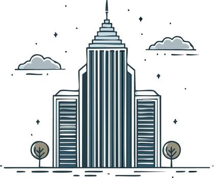 rascacielos con nubes y arboles plano línea Arte ilustración representando un moderno paisaje urbano y urbano ambiente con sencillo aún elegante diseño vector