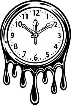 Melting clock with dripping time representing distortion or loss of time in a surreal illustration vector