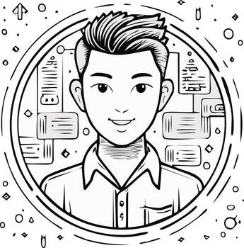 Smiling young man avatar with abstract digital data lines and tech elements vector