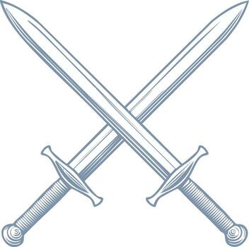 Two crossed swords with ridged handles and simple crossguards rendered in a sketch style vector