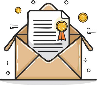 Successful Document Award Certificate in Open Envelope with Golden Seal and Financial Coins vector