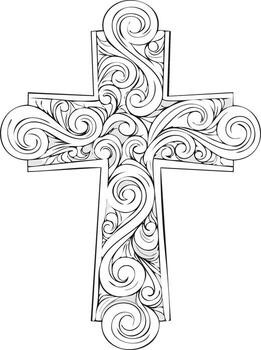Ornamental cross design with scroll flourishes and elegant lines in black and white vector