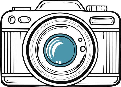 Front view sketch of a digital camera with a blue lens and black outlines vector
