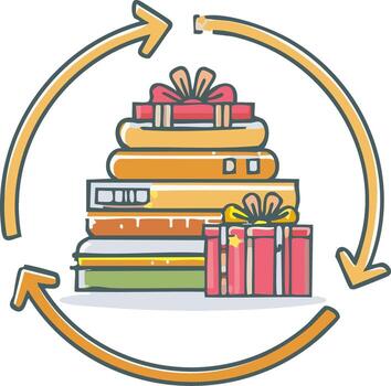 bucle flechas alrededor apilado regalos y libros representando un ciclo de dando intercambiando o volviendo artículos vector