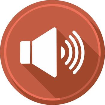 White speaker icon with sound waves and long shadow in a round terracotta frame vector