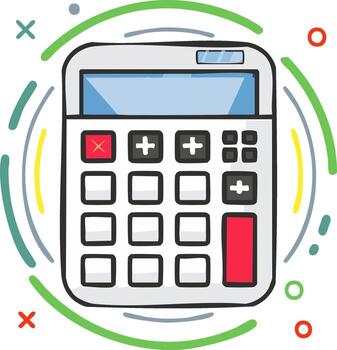 mano dibujado ilustración de un calculadora con un monitor pantalla y botones rodeado por vistoso resumen formas vector