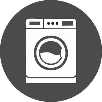 Flat design icon of a front-loading washing machine. Simple white laundry symbol on a grey circle vector