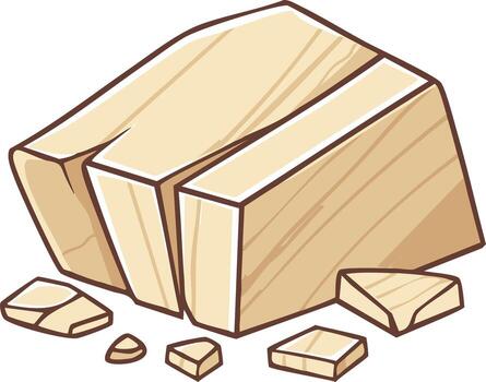 Cracked block of wood or rock with debris around it in cartoon style drawing representing a broken piece of material vector