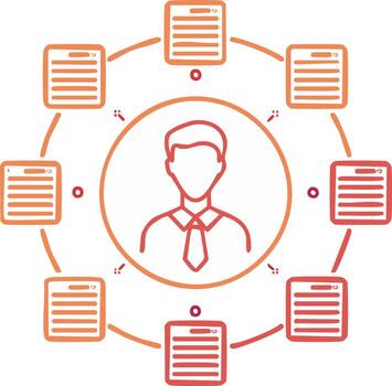 Person connected to multiple documents or tasks in a workflow or network vector