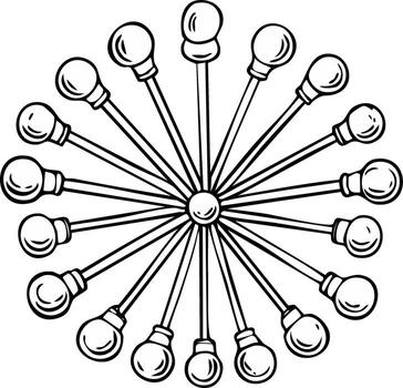 Radiating lightbulb shapes, radiating circular design, black and white line drawing, repeating bulb pattern, radiating ornament vector