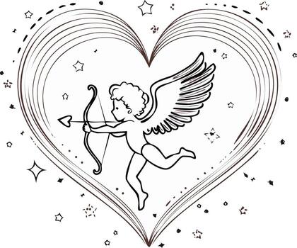 Hand drawn cupid with bow and arrow inside a large heart outline with stars and dots vector
