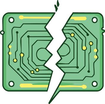 Broken green circuit board split in two halves symbolizing digital system failure and technological damage vector
