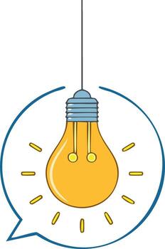 Conceptual Idea Illustration with Hanging Light Bulb inside Speech Bubble for Communication vector