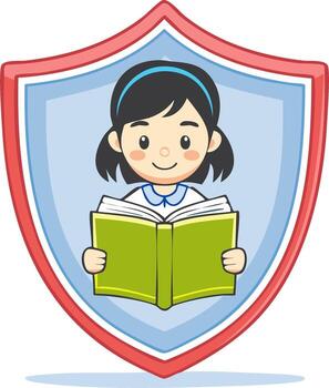 Child reading a book inside a protective shield emblem symbolizing knowledge safety vector