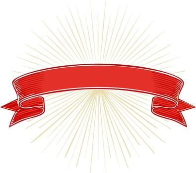 Engraved red ribbon banner with radiating beams of light, retro design element vector