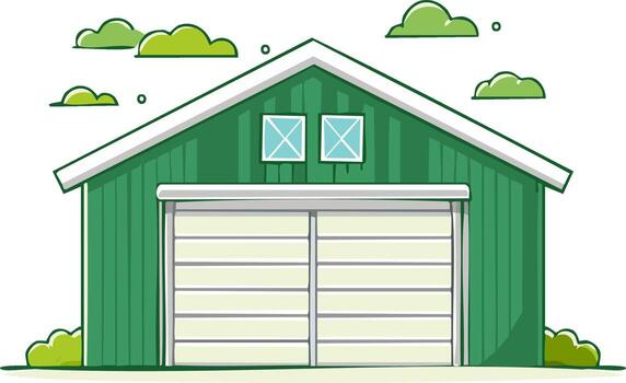 Cartoon green garage building with roll-up door, attic windows, and clouds vector