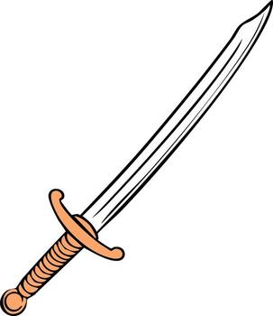 Medieval single edged sword with orange handle, ancient weapon in cartoon style, sharp blade and grip vector