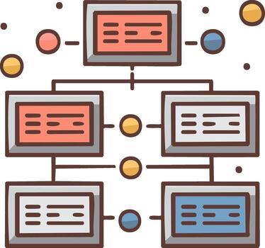 Connected organizational chart with text blocks and connecting dots representing structure and data flow vector