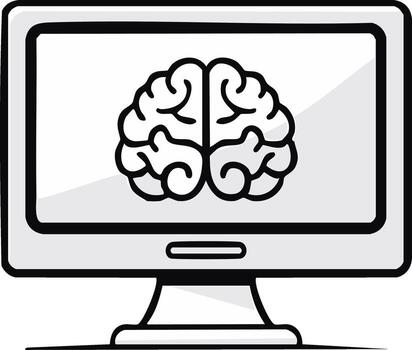 Human Brain Displayed on a Computer Monitor, Representing Artificial Intelligence and Thought Processes vector