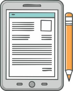 Tablet screen displaying text and image with pencil vector