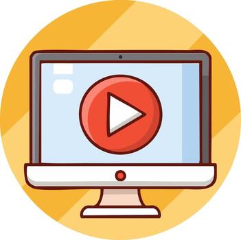 Computer Screen with Play Button Icon on Display inside Gold Round Circle vector