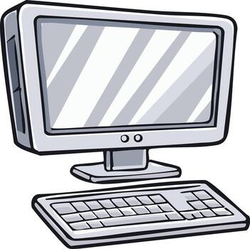 Cartoon Illustration of a Desktop Computer Setup with Monitor and Keyboard vector