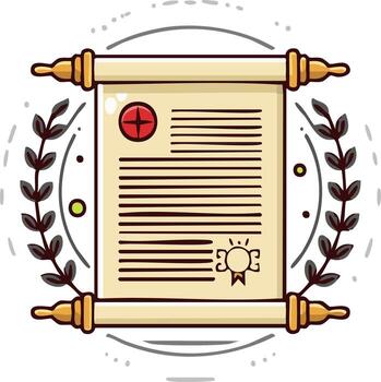 Rolled Parchment Scroll Document surrounded by Leafy Wreath and Sealed with a Badge vector