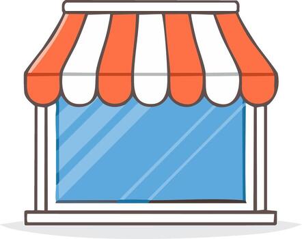 Illustration of store front with awning and reflective window display vector