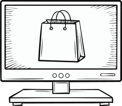 Online shopping concept with a hand drawn shopping bag on a desktop computer monitor screen vector