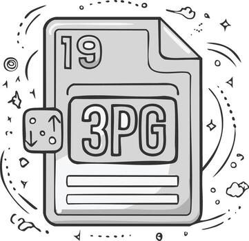 Cartoon style file with 3PG data format and doodle decoration illustrates graphic file type concept vector