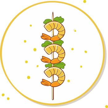 Delicious shrimp skewers with lettuce in a minimalist style drawing and golden polka dot pattern vector