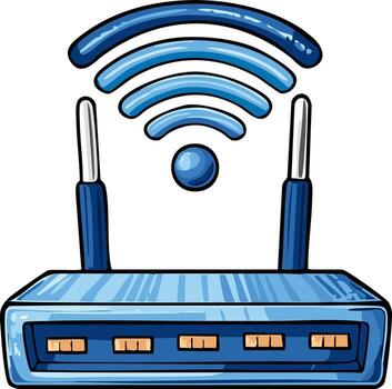 azul inalámbrico Internet enrutador radiodifusión señal y en pie Listo para el red conexión vector