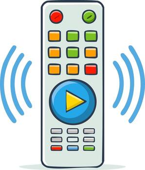 Cartoon remote control with a large play button and colorful keypad sending a wireless signal vector