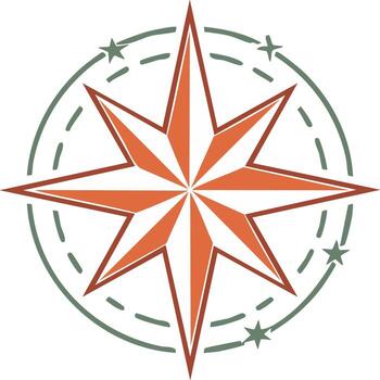Brújula Rosa con estrellas y rayado circular guía, navegación ayuda vector