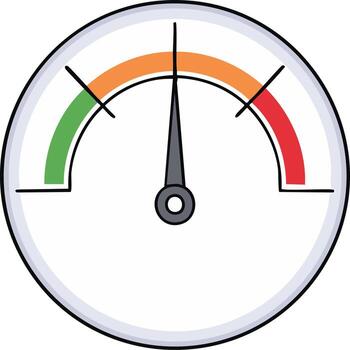 Circular gauge dial with needle indicating a range from green to red for measurement and feedback vector