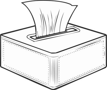 Black and white outline drawing of a tissue box with a single soft paper tissue emerging vector